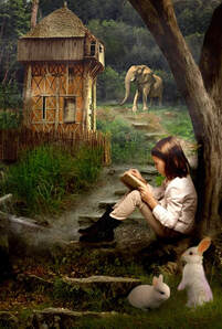 little girl reading in jungle with images of elephants and bunnies